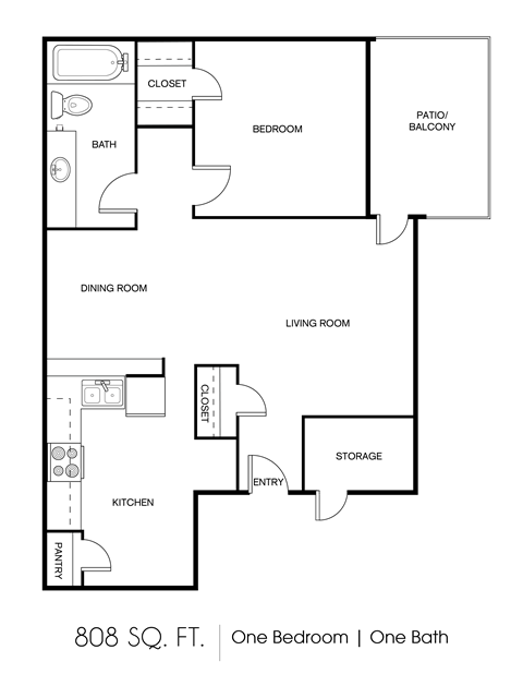 Floor plan for 1 bed, 1 bath, 808 sqft